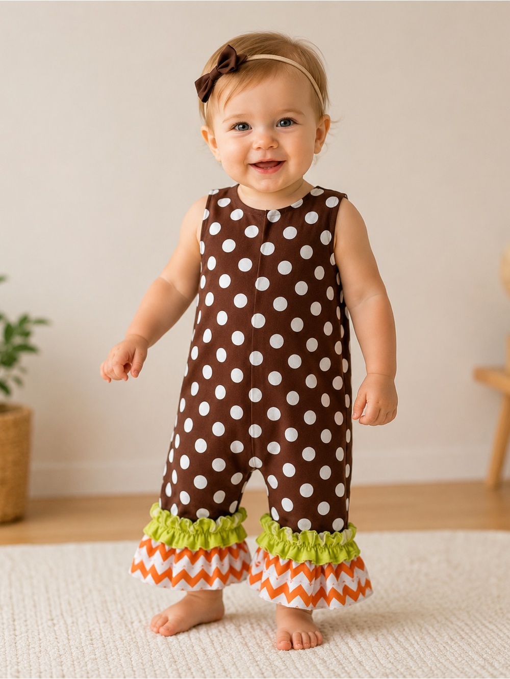 LillyWolly Boutique Baby Girl 6-9 Months Brown Polka Dot Ruffle Chevron USA